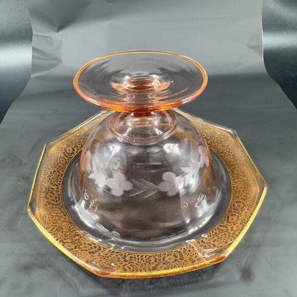 1930s Tiffin Franciscan Pink Depression Gold Edging Rambler Rose Dish Bowl Plate - Picture 11 of 14